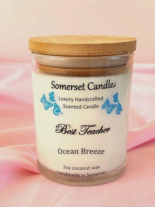 Somerset Candles 'Best Teacher Ocean Breeze' candle with wooden lid on a soft pink background