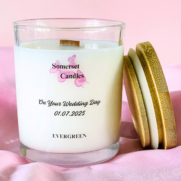 Somerset Candles wedding day candle with wooden lid on a pink background