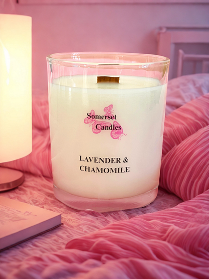 Somerset Candles lavender and chamomile candle on a pink blanket