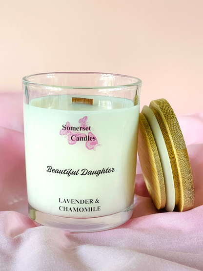 Somerset Candles 'Beautiful Daughter' lavender and chamomile candle on a pink background