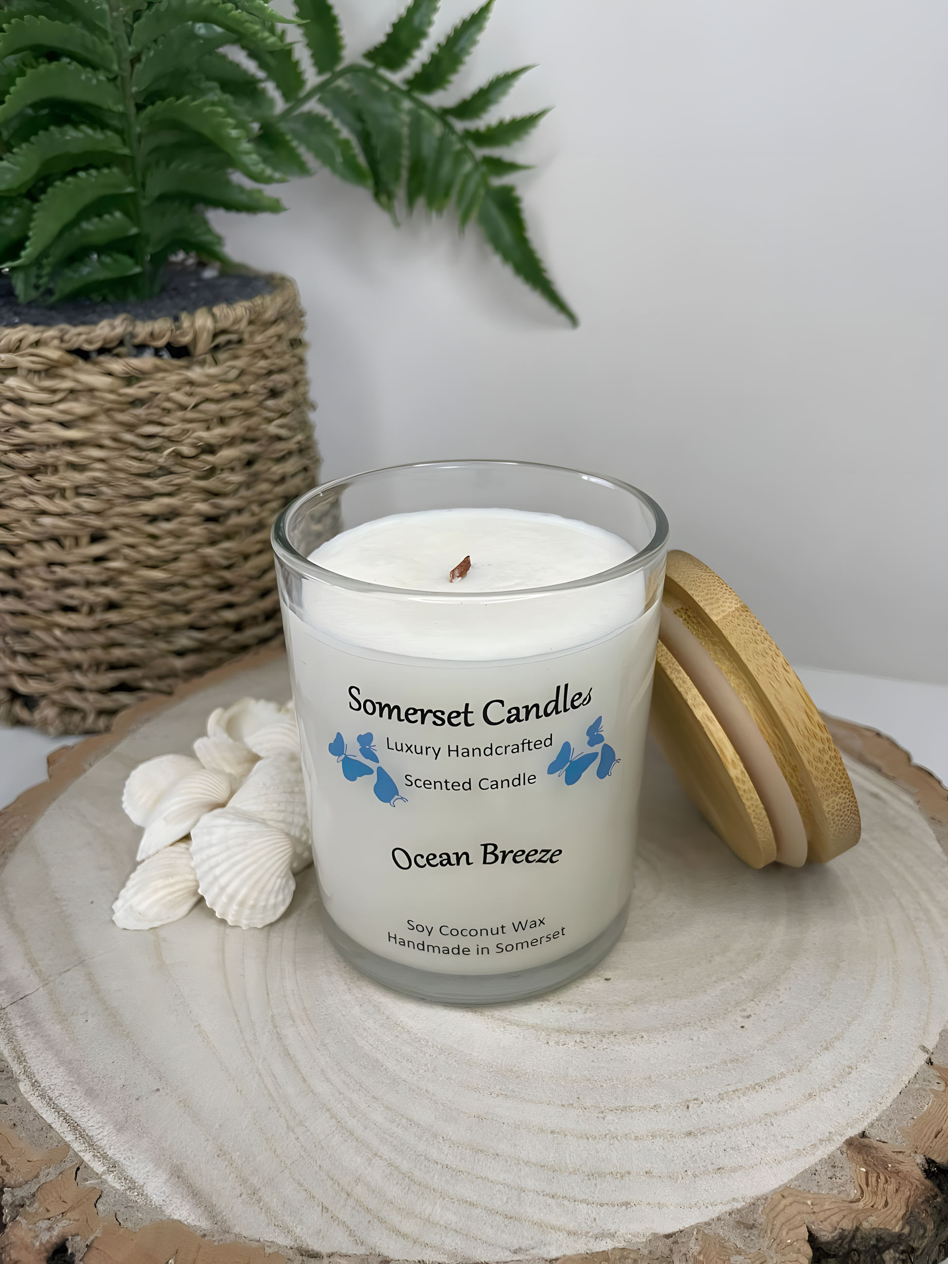 Ocean Breeze scented soy candle displayed on a wooden board with beautiful white shells. The candle is white in colour with bright blue butterflies fluttering above the scent name with a bamboo lid lent against the candle. The wick can be seen.