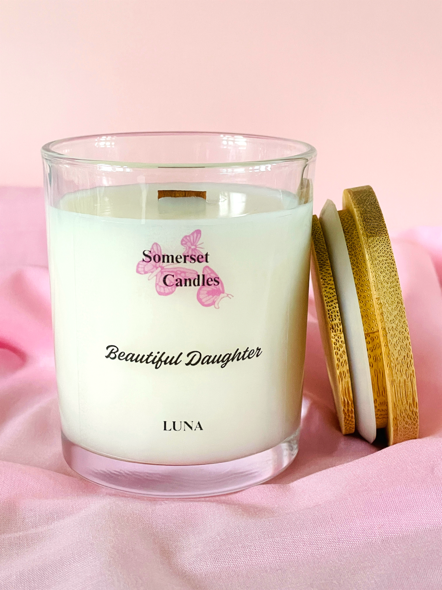 Somerset Candles 'Beautiful Daughter' Luna candle on a pink background