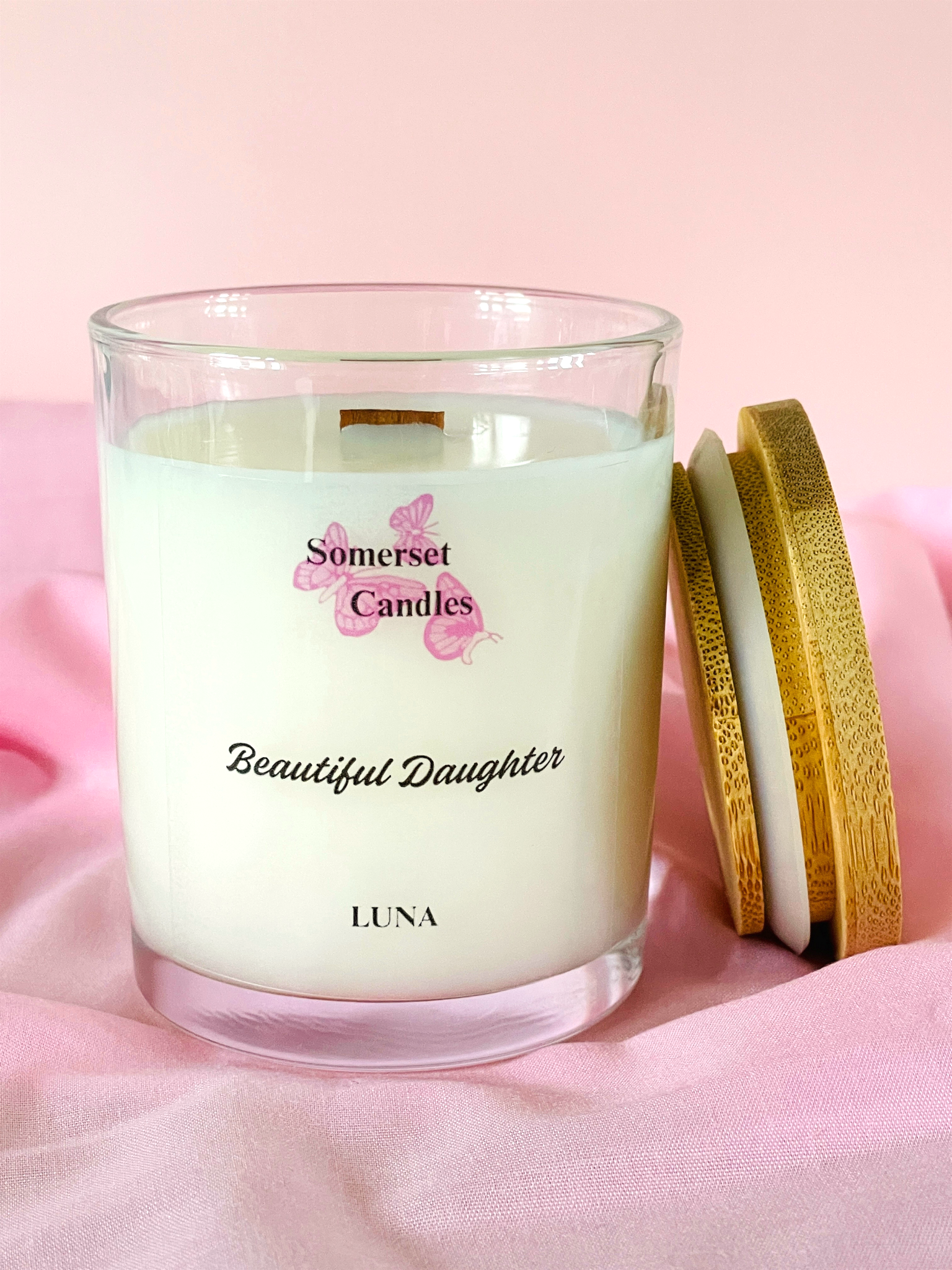 Somerset Candles 'Beautiful Daughter' Luna candle on a pink background