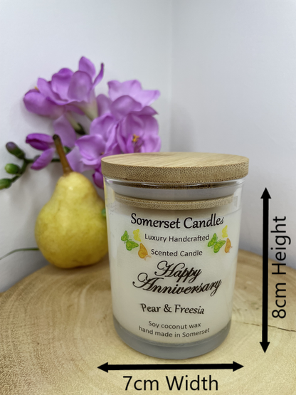 Scented Soy Candle Pear & Freesia Happy Anniversary with measurements