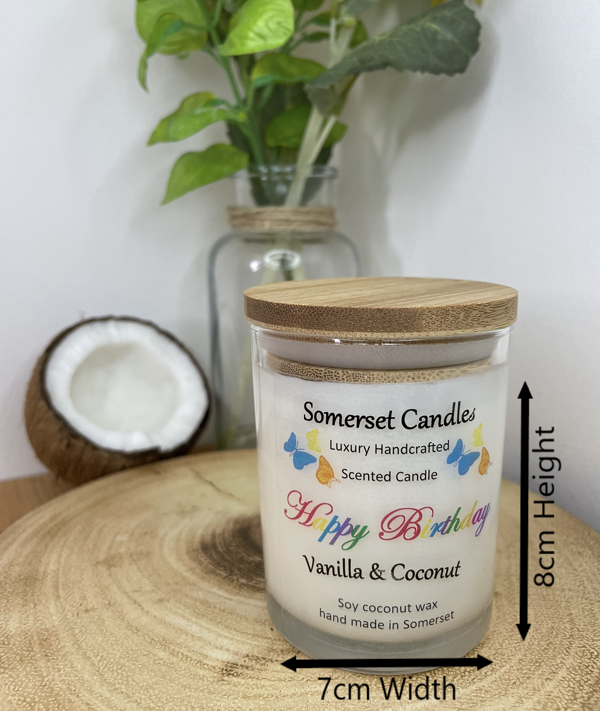 Scented Soy Candle Vanilla & Coconut Happy Birthday with measurements