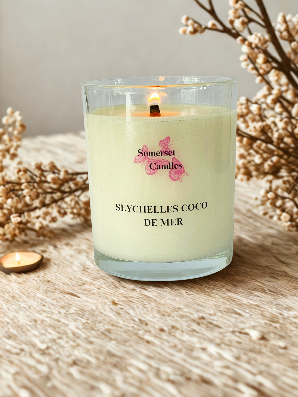A lit Somerset Candles scented candle in a clear glass jar, labeled 'SEYCHELLES COCO DE MER', set on a textured beige surface with dried botanicals in the background.