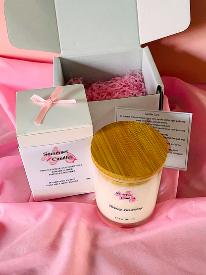 Somerset Candles branded Gift Box with coconut wax candle on a pink background