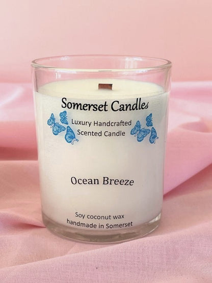 Somerset Candles Ocean Breeze candle on a pink fabric background